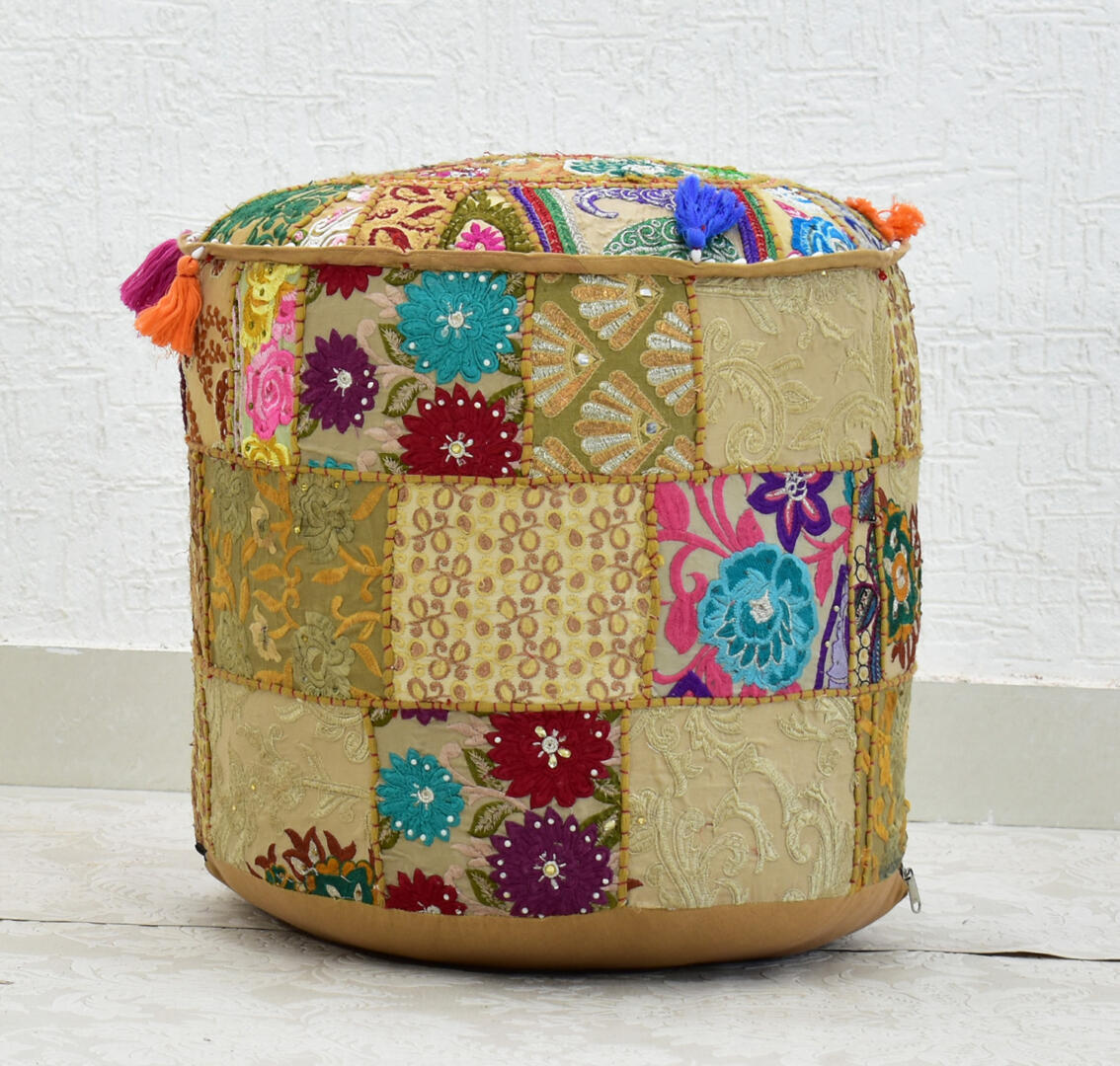 Cotton Gwen Pouffe/Ottoman Khambadiya Patchwork - Light Brown - Image 3